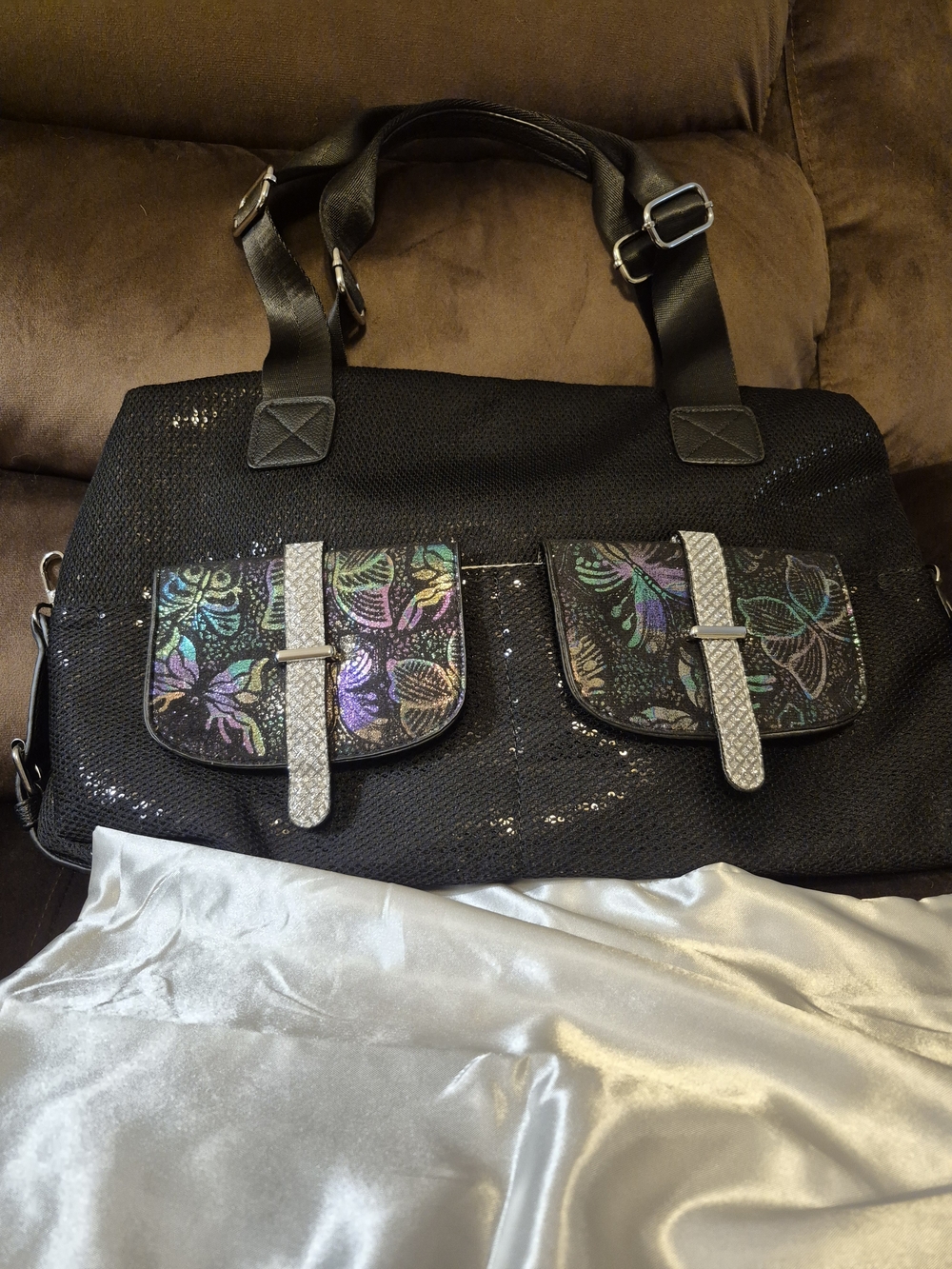 Black Sequin Shoulder Bag with Iridescent Floral Front Pockets